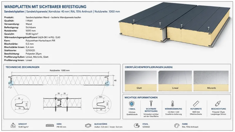 Sandwichplatte Wand PIR 40 mm | Profilierung Außen Microrib