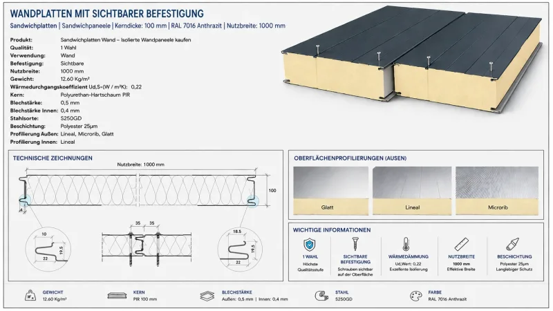 Sandwichplatte Wand PIR 100 mm | Profilierung Außen Microrib