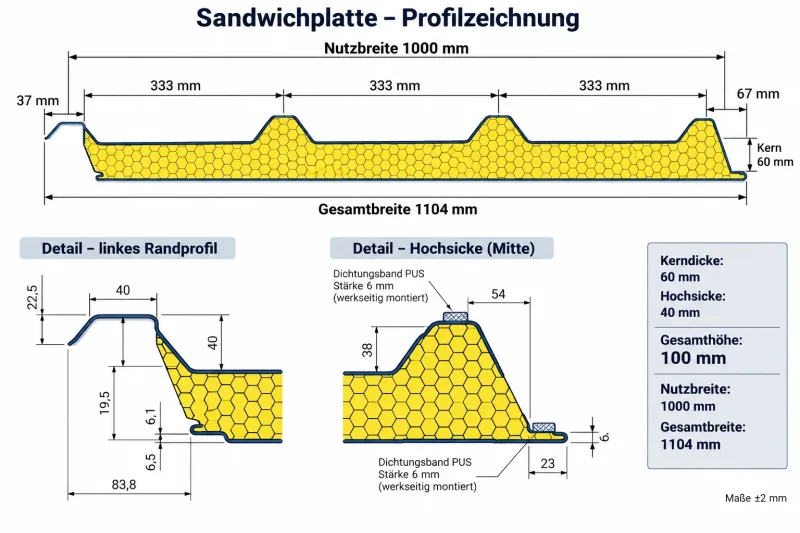Sandwichplatten Dach 60mm | Nutzbreite 1000 mm